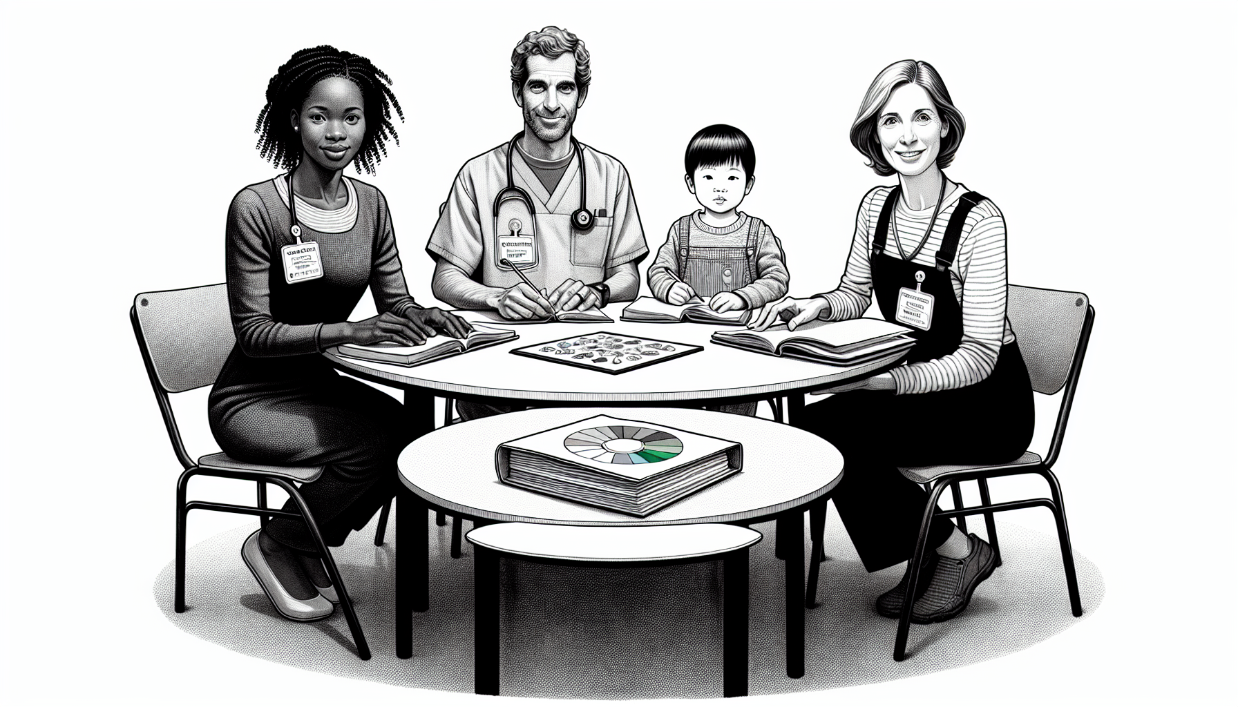 Pencil sketch illustration for: Interdisciplinary Practice in ABA: Collaborating With SLPs, OTs, Schools, and Physicians