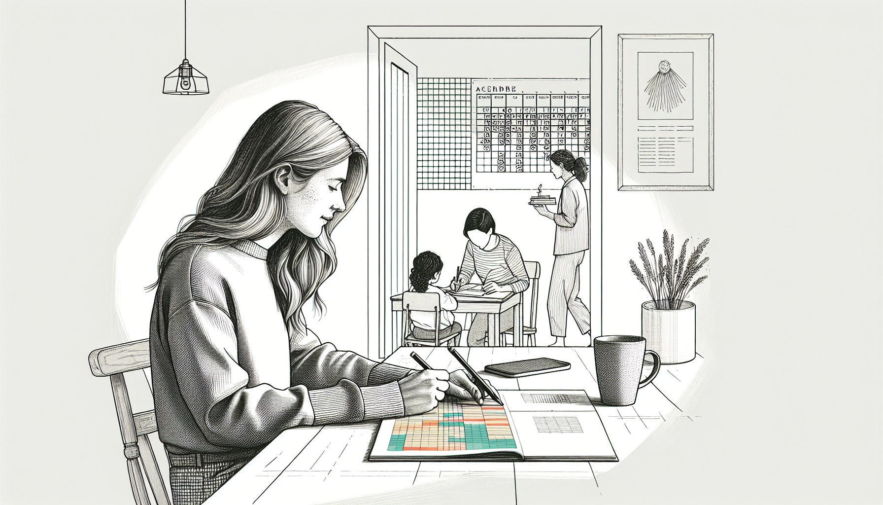 Pencil sketch illustration for: Workload & Scheduling Optimization in ABA: Caseloads, Schedules, and Burnout Prevention