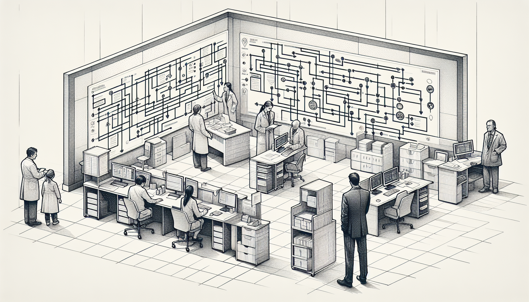 Pencil sketch illustration for: Operations & Systems in ABA: SOPs, Processes, and Clinic Considerations: Common Mistakes