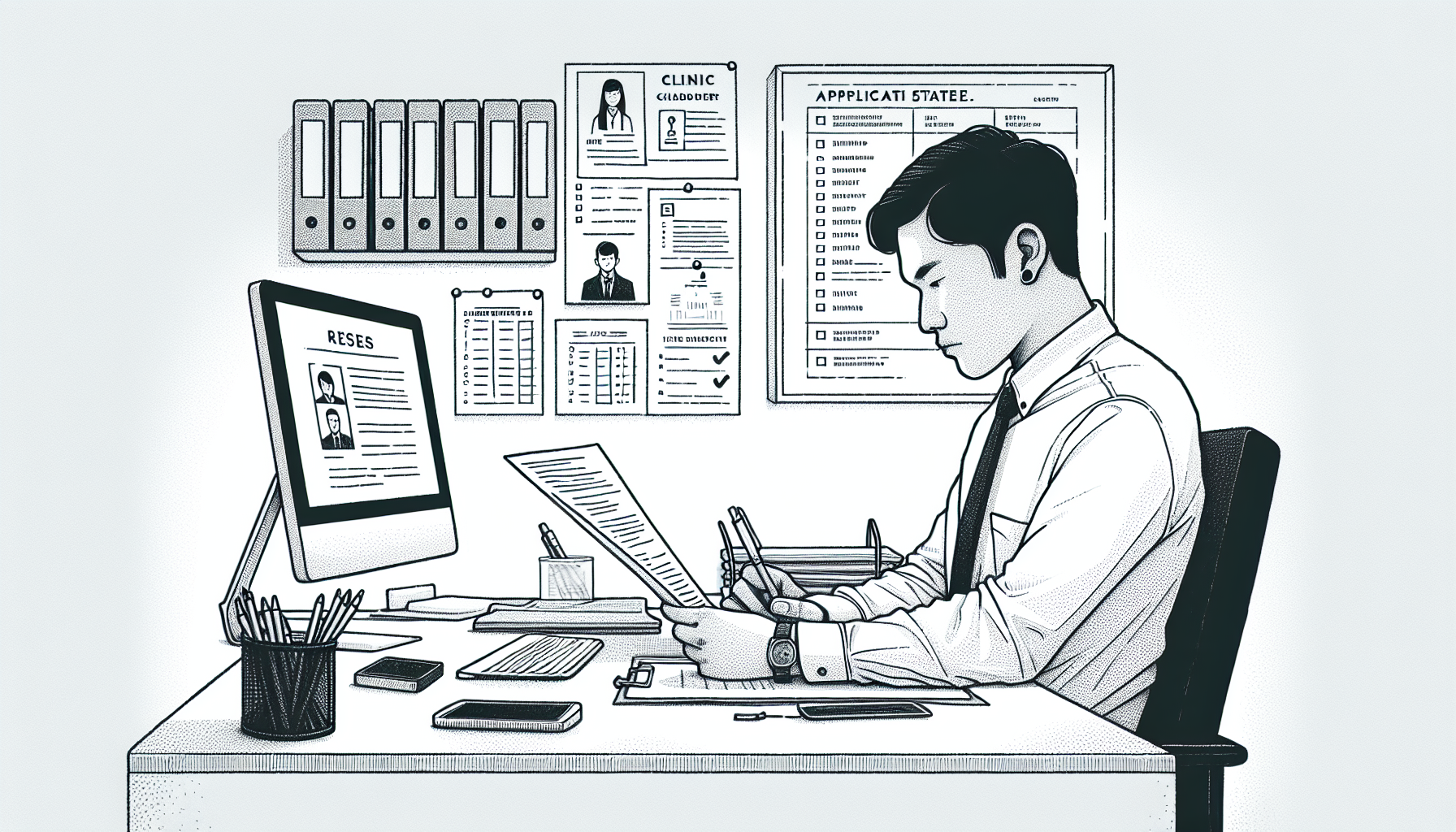 Pencil sketch illustration for: Recruiting BCBAs & RBTs: A Step-by-Step Hiring System for ABA Clinics: Tools, Templates,
