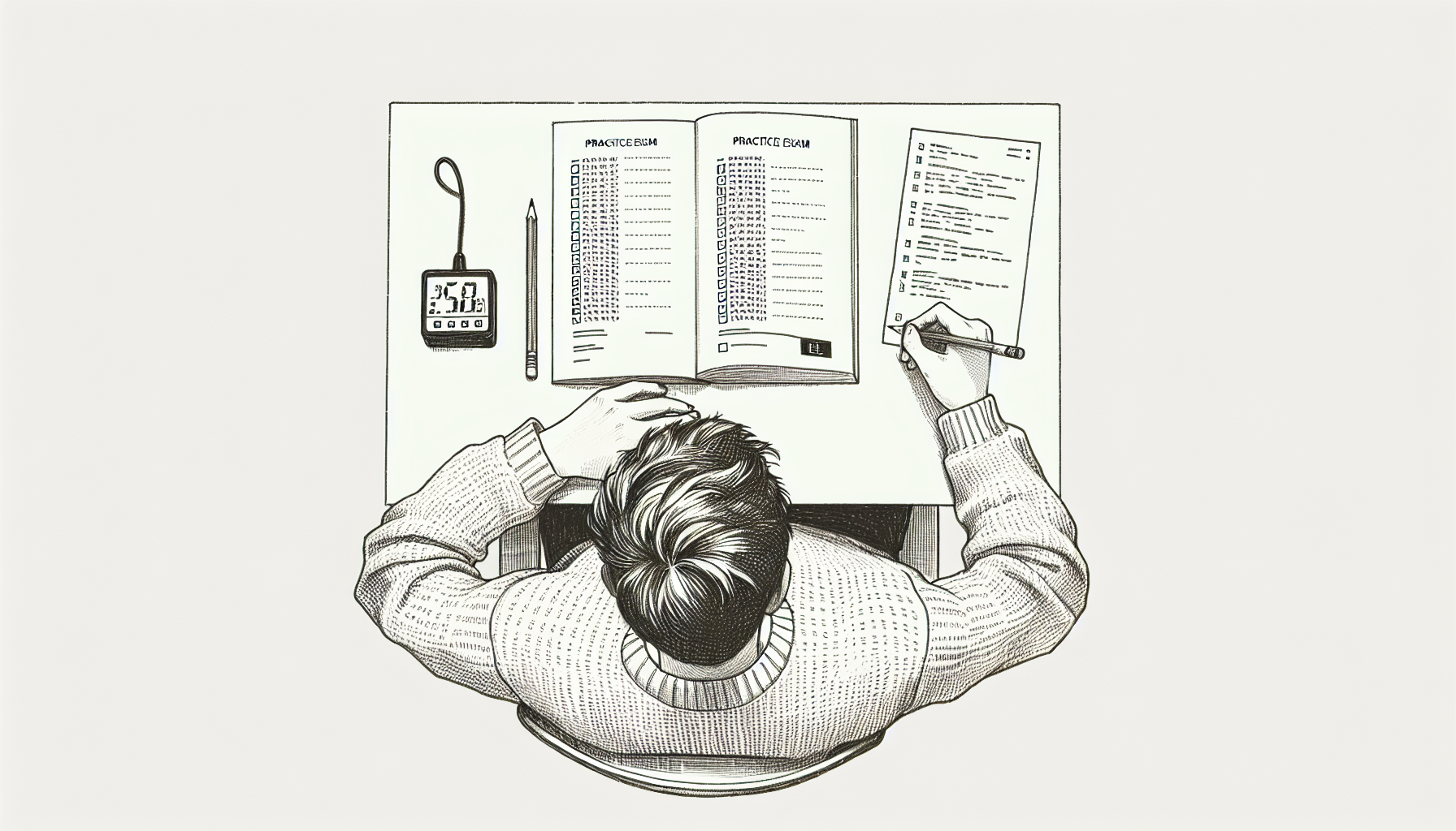 Pencil sketch illustration for: Mock Exam Practice for the BCBA Exam: How to Use Mocks to Raise Your Score Fast: Common Mista