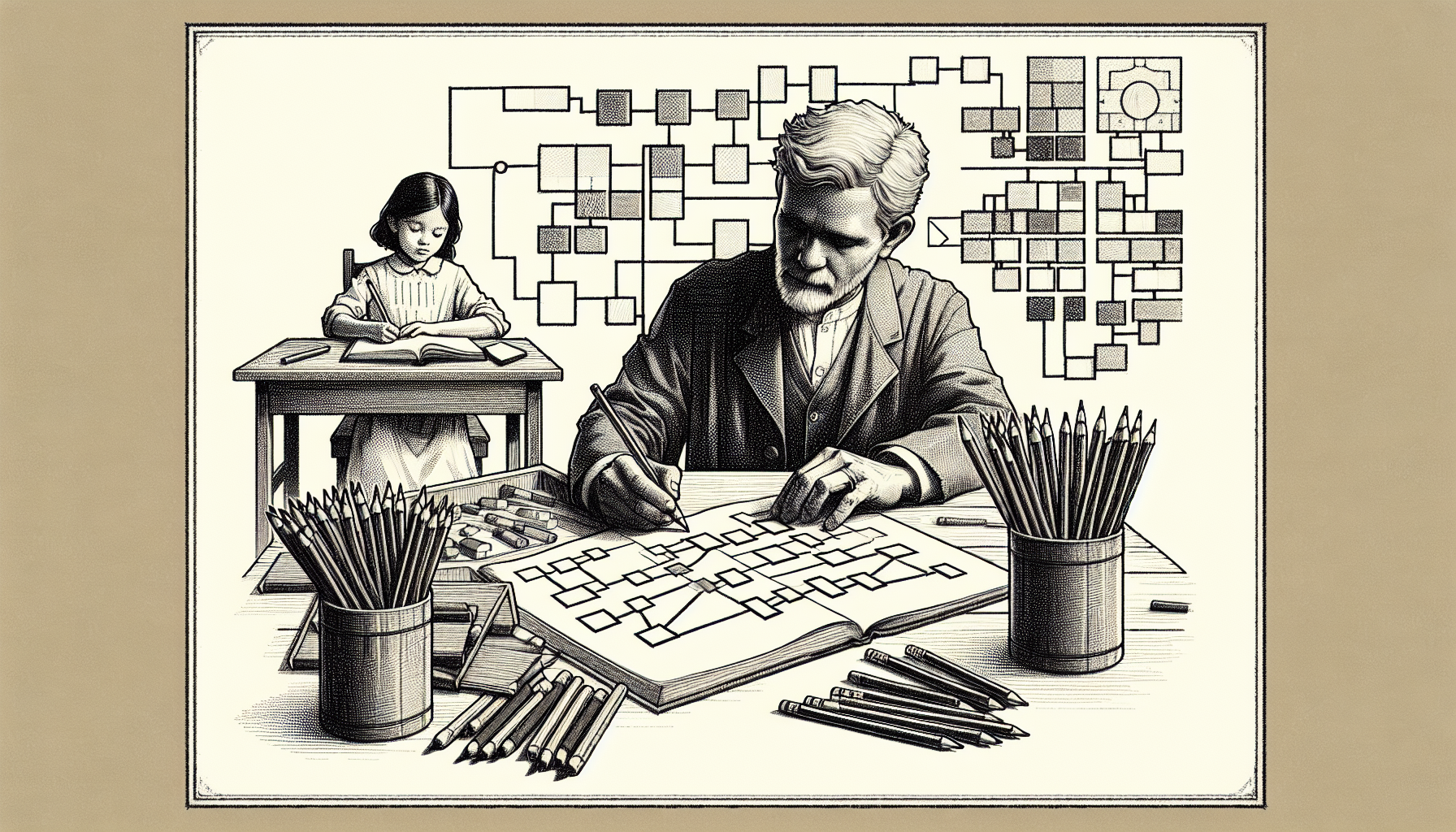 Pencil sketch illustration for: Using the ADDIE model of instructional design to create programming for comprehensive ABA tre