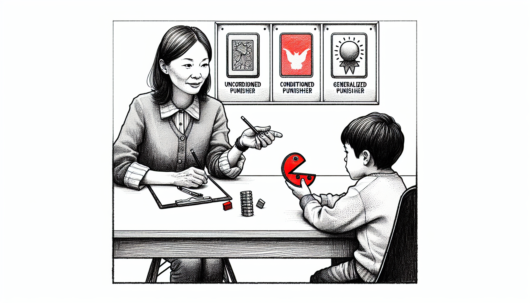 Pencil sketch illustration for: B.8. Identify and distinguish among unconditioned, conditioned, and generalized punishers.