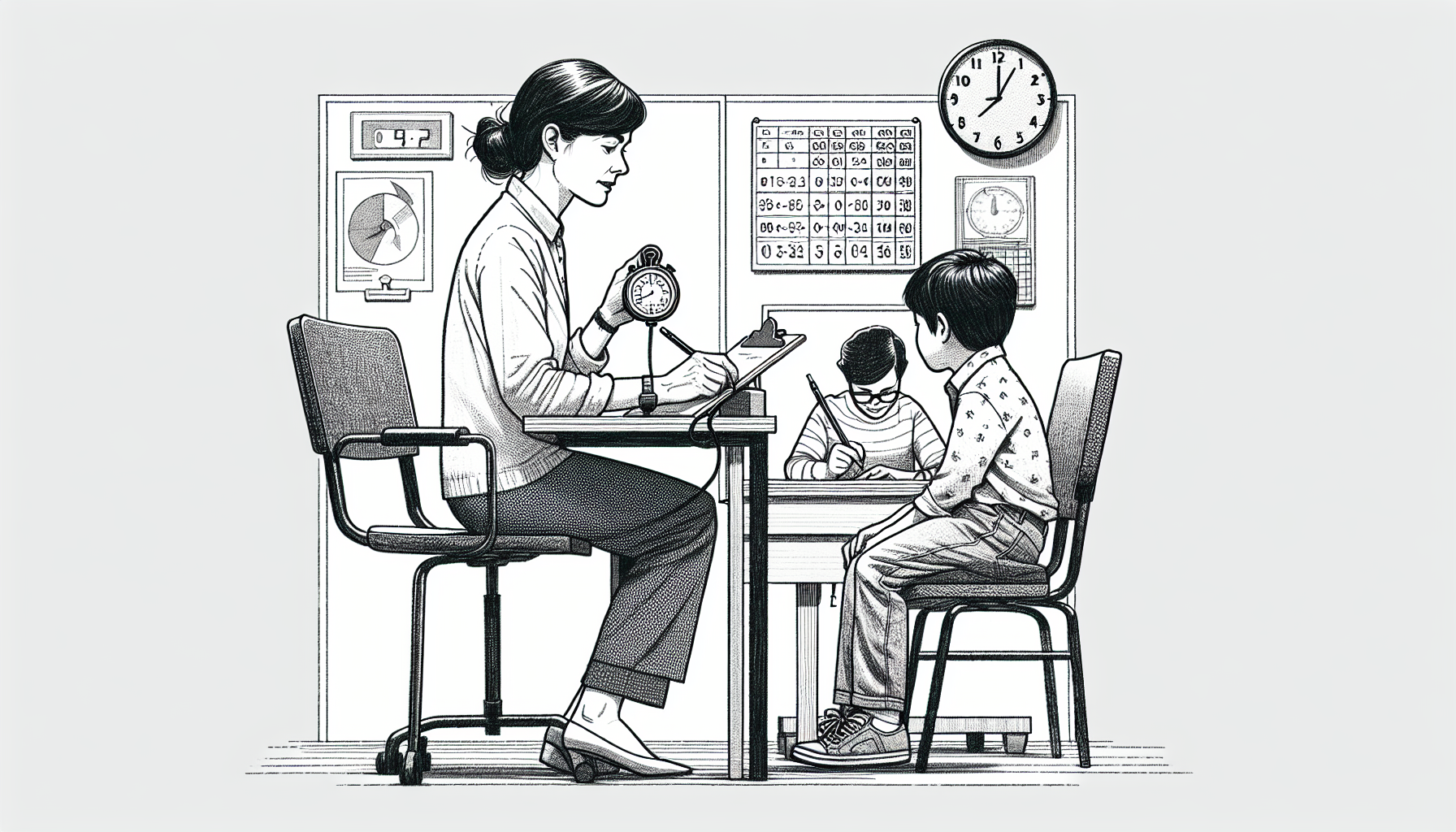 Pencil sketch illustration for: C.4. Measure temporal dimensions of behavior (e.g., duration, latency, interresponse time).