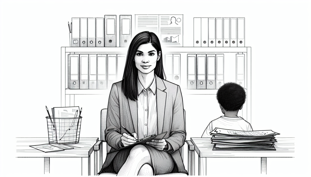 Pencil sketch illustration for: F.7. Interpret assessment data to determine the need for services or referral.