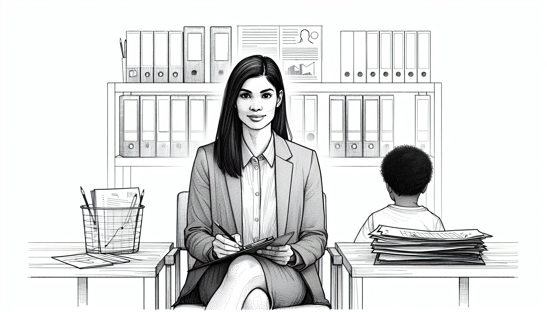 Pencil sketch illustration for: F.7. Interpret assessment data to determine the need for services or referral.
