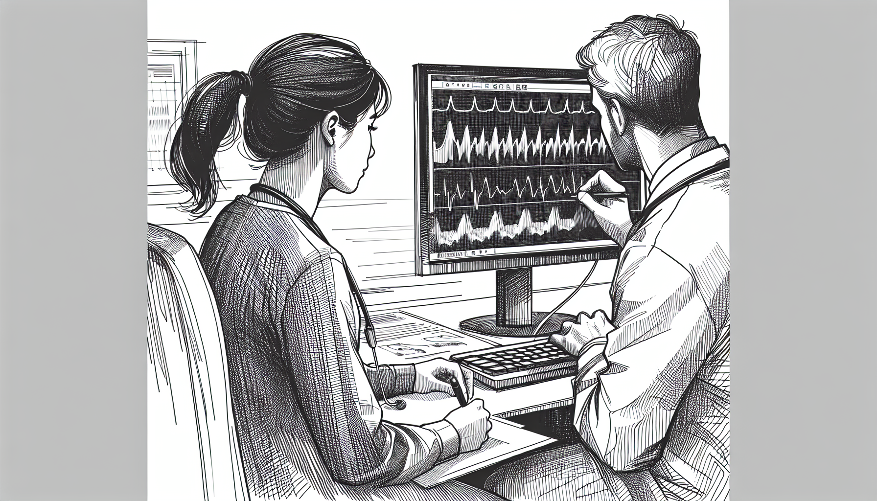 Pencil sketch illustration for: Training in trial-based functional analysis via computer-based instruction and behavioral ski