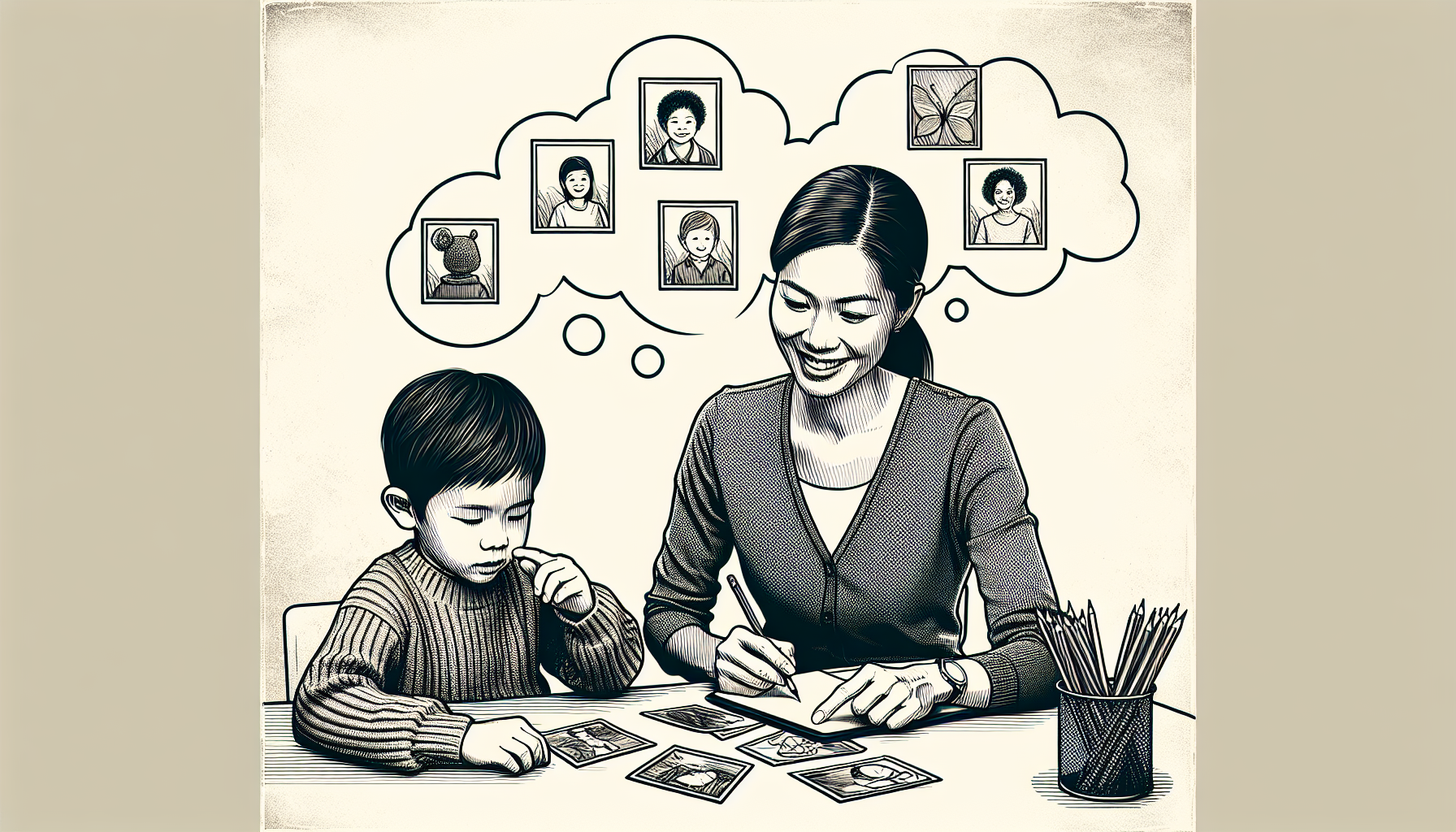 Pencil sketch illustration for: A comparison of training procedures on the emergence of intraverbal-tacts.