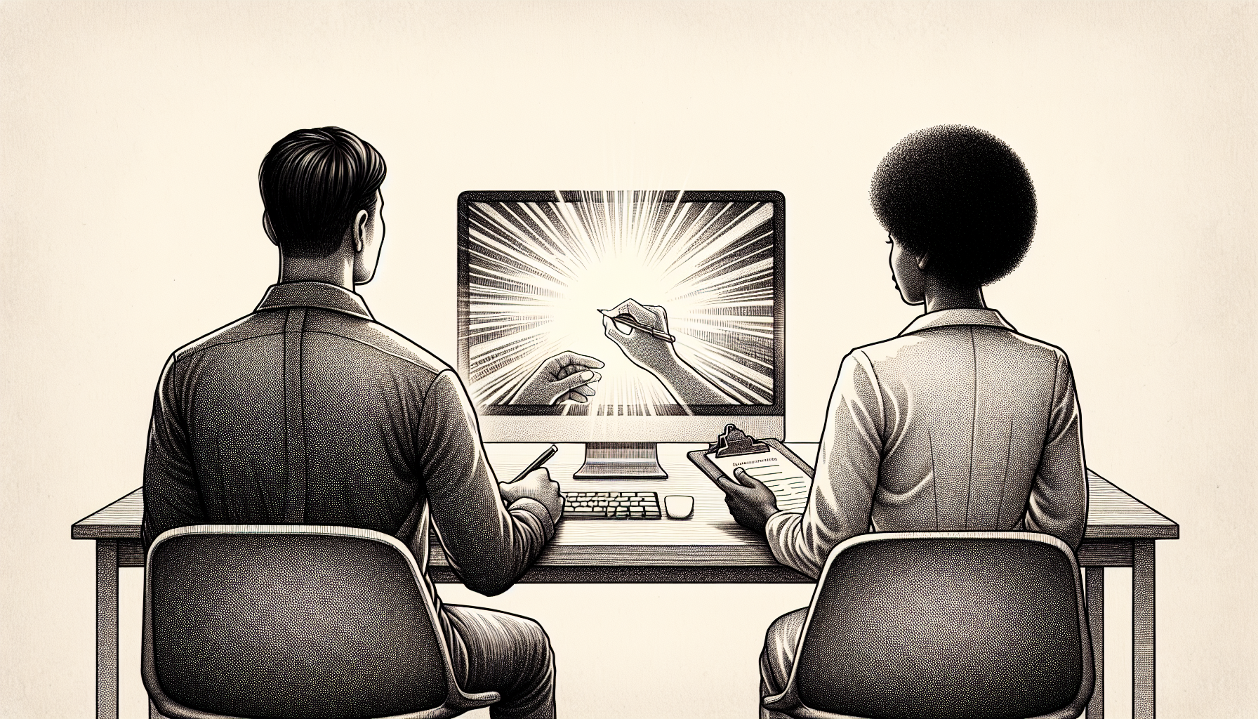 Pencil sketch illustration for: An analysis of interactive computer training on staff acquisition of MSWO preference assessme