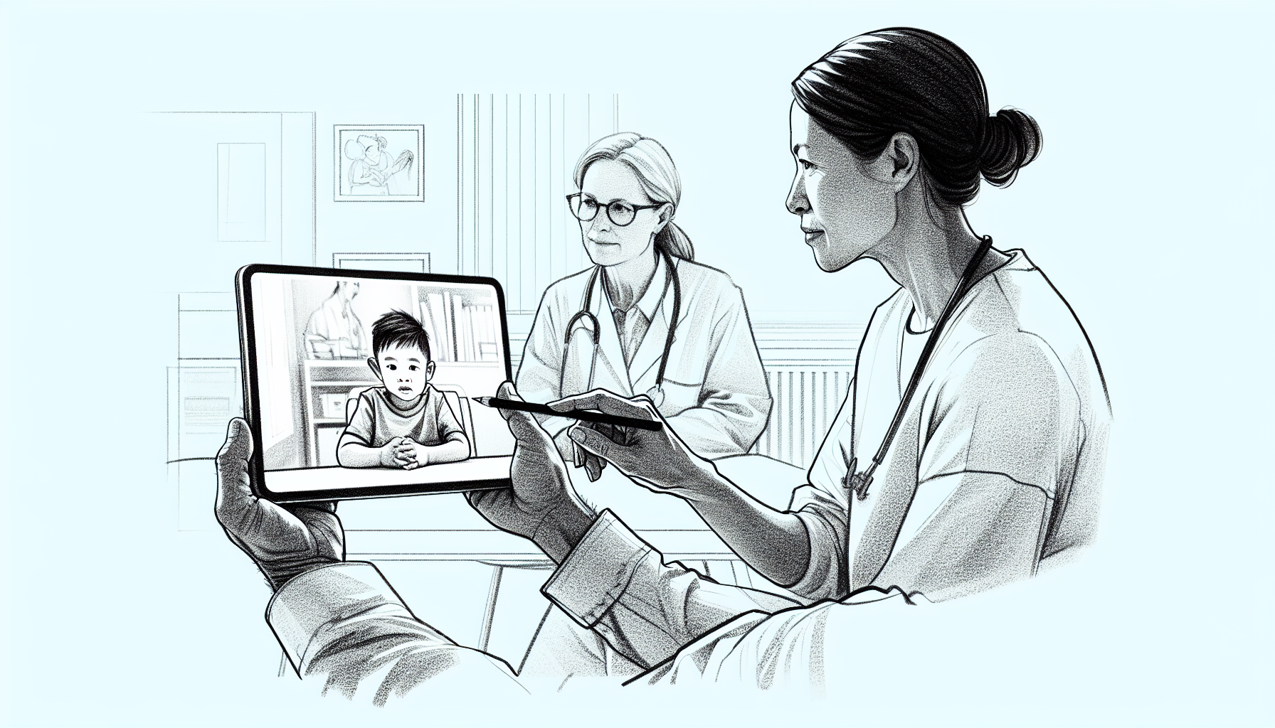 Pencil sketch illustration for: The effects of video modeling containing different exemplar types on procedural integrity