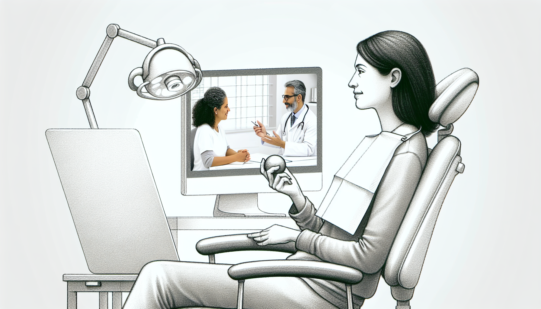 Pencil sketch illustration for: An interdisciplinary telehealth model to increase the comfort and cooperation of adults with